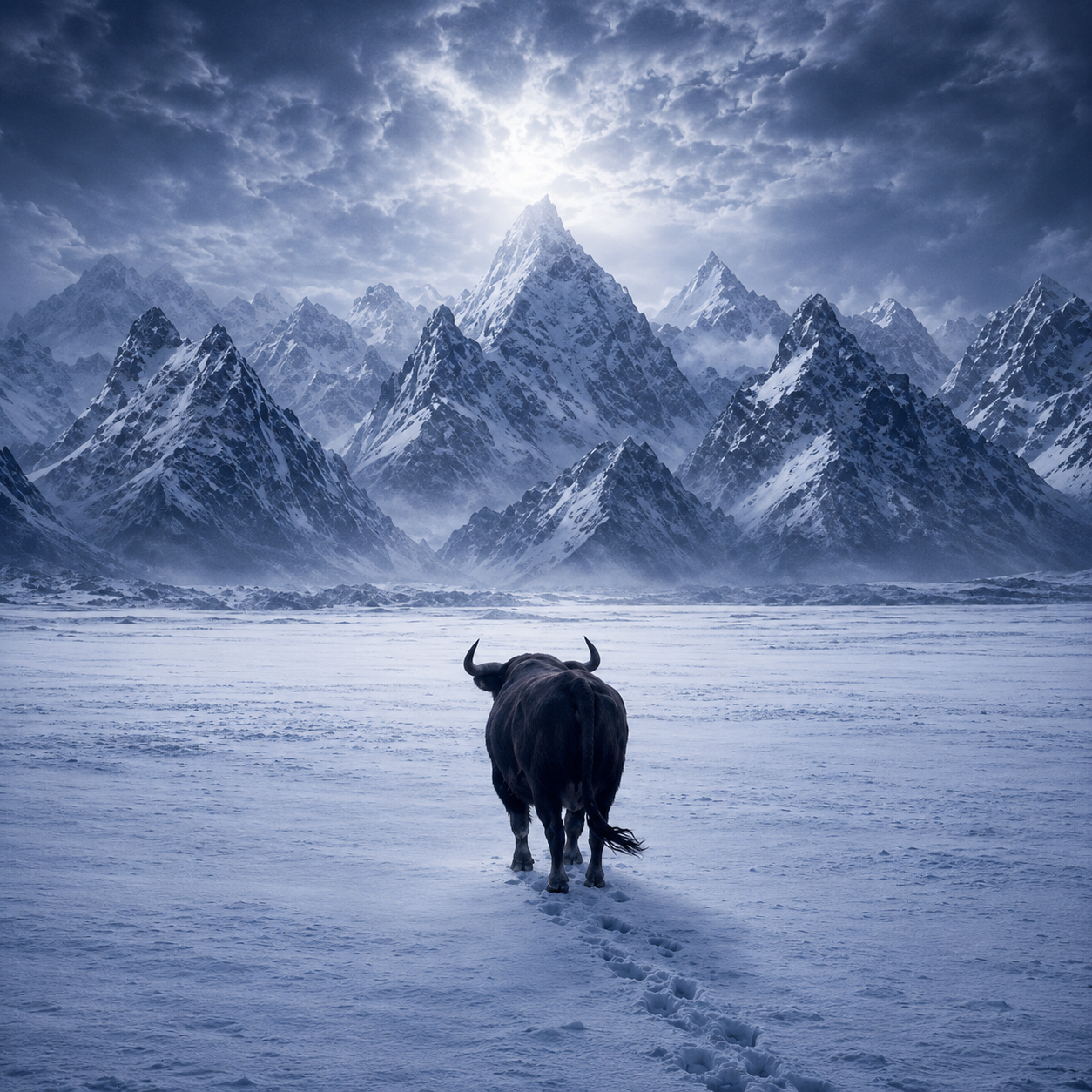 A lone bull walking through snow toward mountains